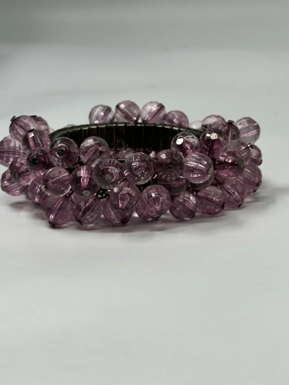 Vintage Cha Cha Expansion Bracelet Purple Faceted Round Beads Silver Tone